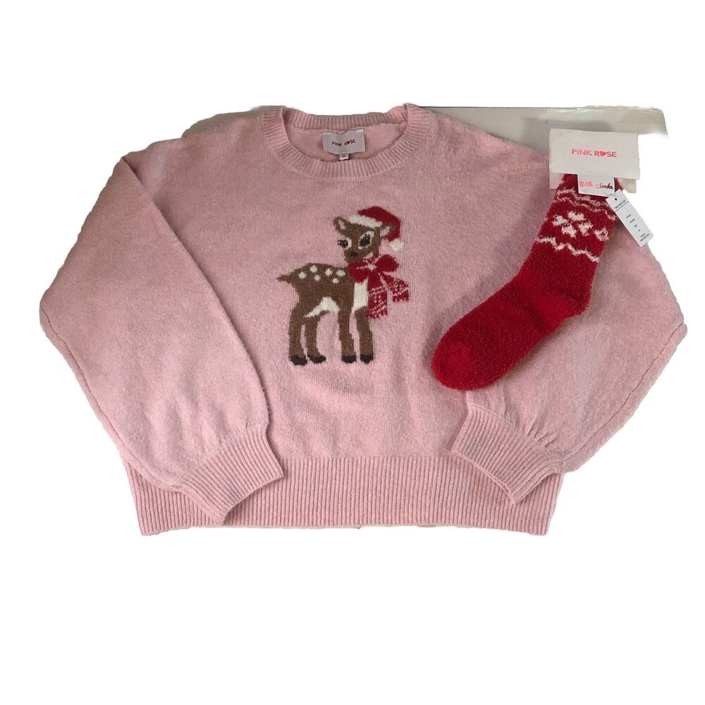 Pink Rose Women’s Pink Reindeer Sweater Red Fair Isle Sock Bundle Medium NWT